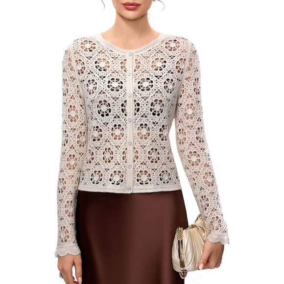 Women's Crochet Cardigan Wool Blend Golden Thread Vintage Crop Sweater